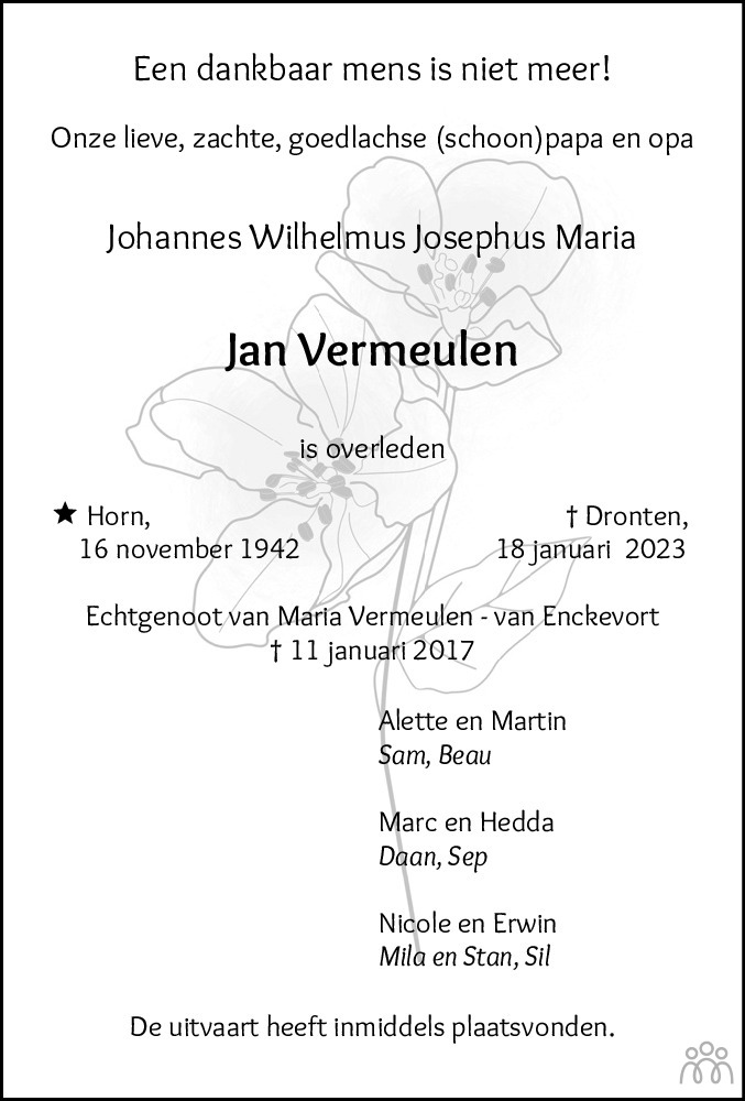 Jan Vermeulen 18012023 overlijdensbericht en condoleances Mensenlinq.nl