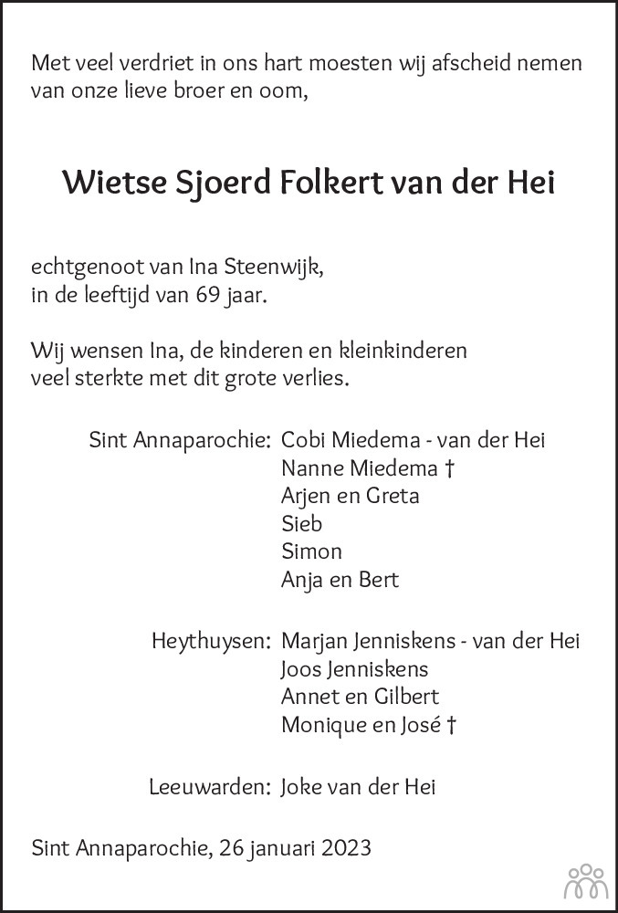 Wietse Sjoerd Folkert Van Der Hei 26 01 2023 Overlijdensbericht En