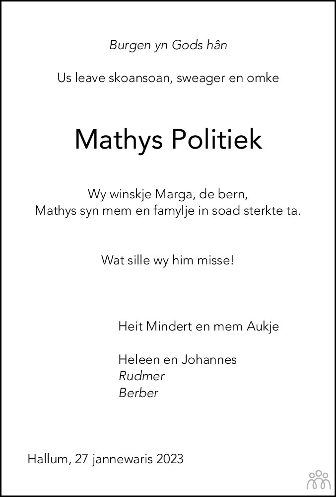 Mathys Politiek Overlijdensbericht En Condoleances Mensenlinq Nl