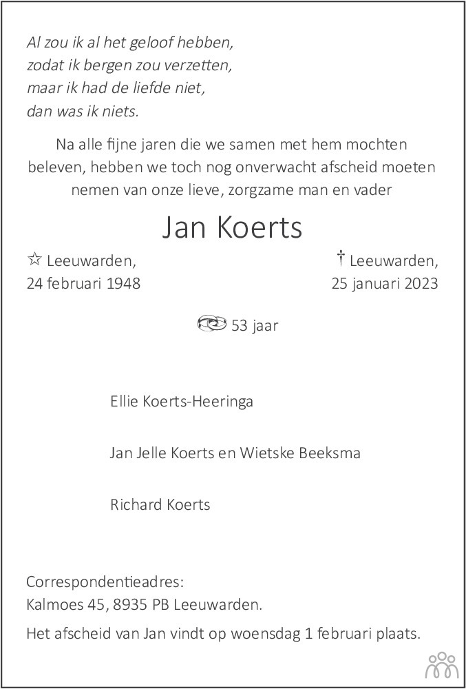 Jan Koerts 25012023 overlijdensbericht en condoleances Mensenlinq.nl