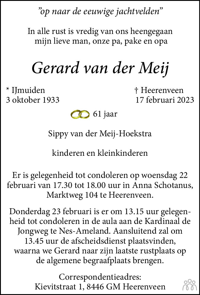 Overlijdensbericht van Gerard van der Meij in Leeuwarder Courant