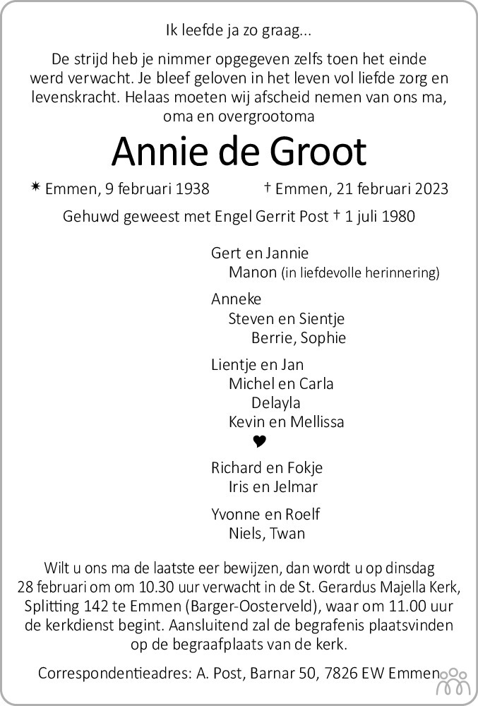 Annie De Groot 21 02 2023 Overlijdensbericht En Condoleances