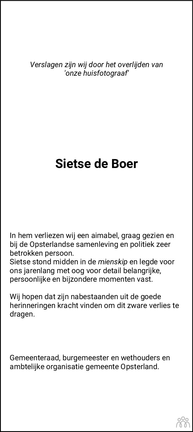 Overlijdensbericht van Sietze Melle (Sietse) de Boer in Leeuwarder Courant