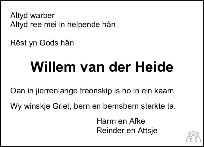 Willem van der Heide 10-03-2023 overlijdensbericht en condoleances