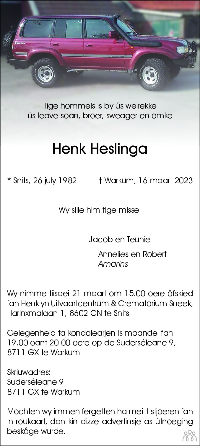 Overlijdensbericht van Henk Heslinga in Leeuwarder Courant