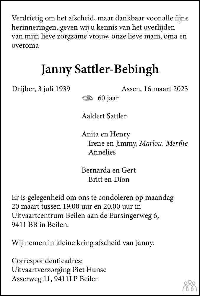 Overlijdensbericht van Janny Sattler-Bebingh in Dagblad van het Noorden