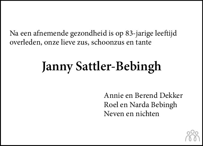 Overlijdensbericht van Janny Sattler-Bebingh in De krant van Midden-Drenthe
