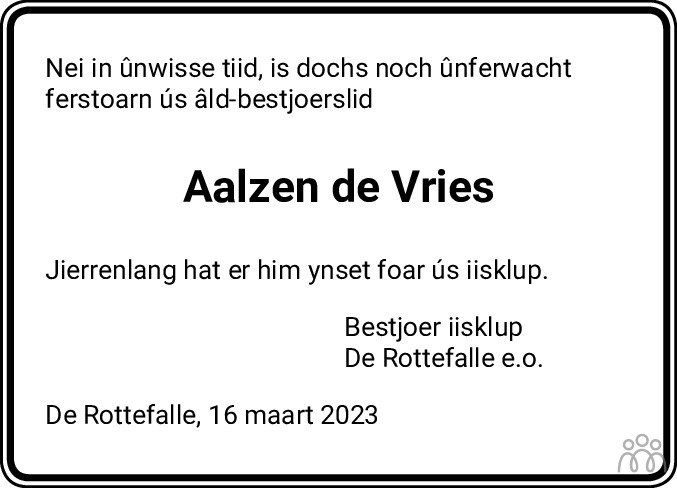 Overlijdensbericht van Aalzen de Vries in Drachtster Courant
