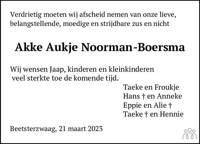 Overlijdensbericht van Akke Aukje (Ank/Anke)  Noorman-Boersma in Leeuwarder Courant