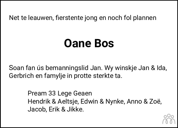 Overlijdensbericht van Oane  Bos in Leeuwarder Courant