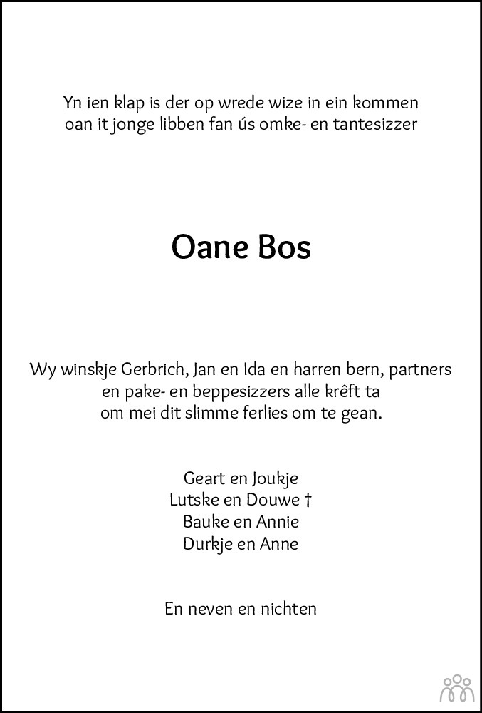 Overlijdensbericht van Oane Bos in Leeuwarder Courant
