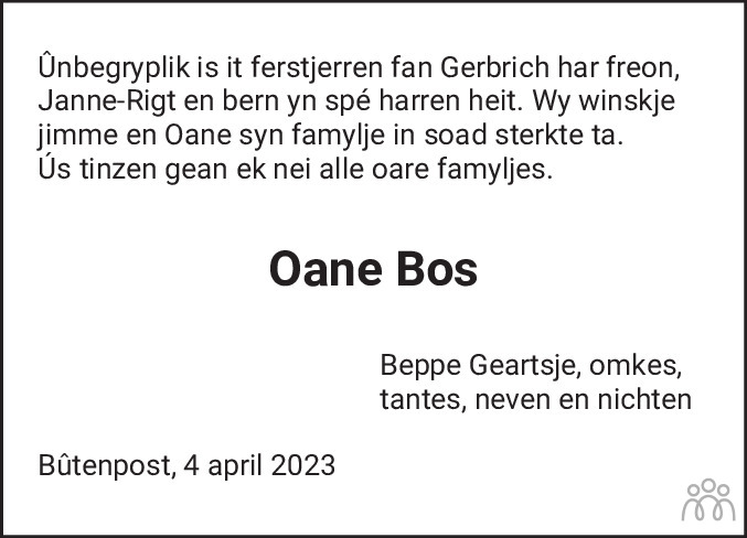 Overlijdensbericht van Oane Bos in Leeuwarder Courant