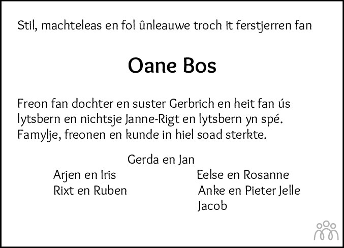 Overlijdensbericht van Oane  Bos in Leeuwarder Courant