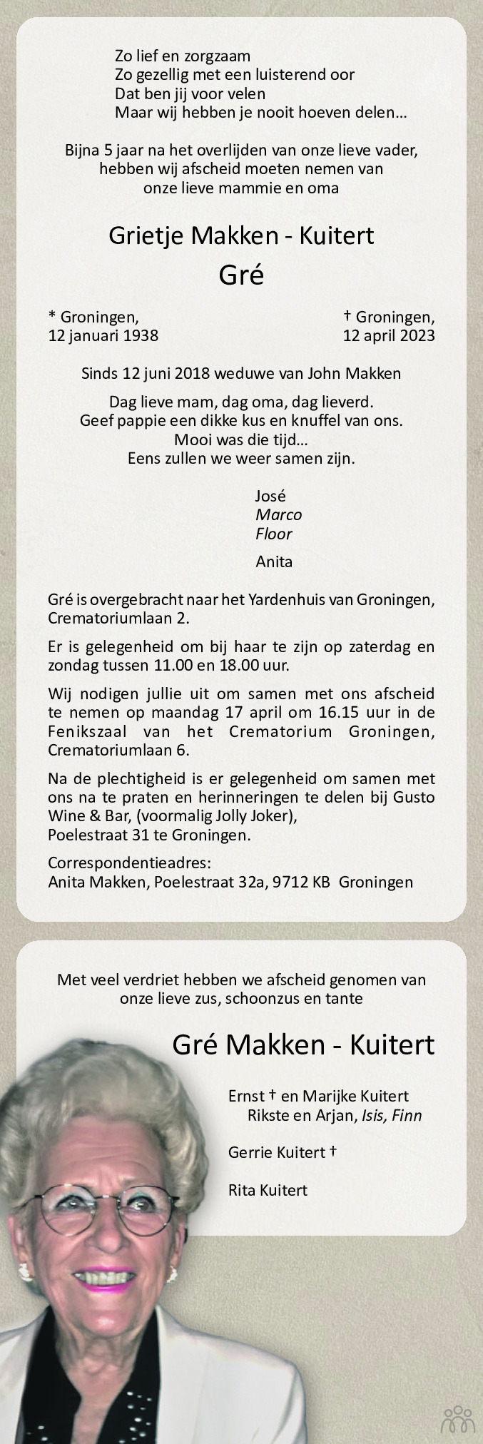 Overlijdensbericht van Grietje (Gré)  Makken-Kuitert in Dagblad van het Noorden