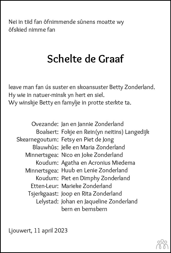 Overlijdensbericht van Schelte de Graaf in Leeuwarder Courant