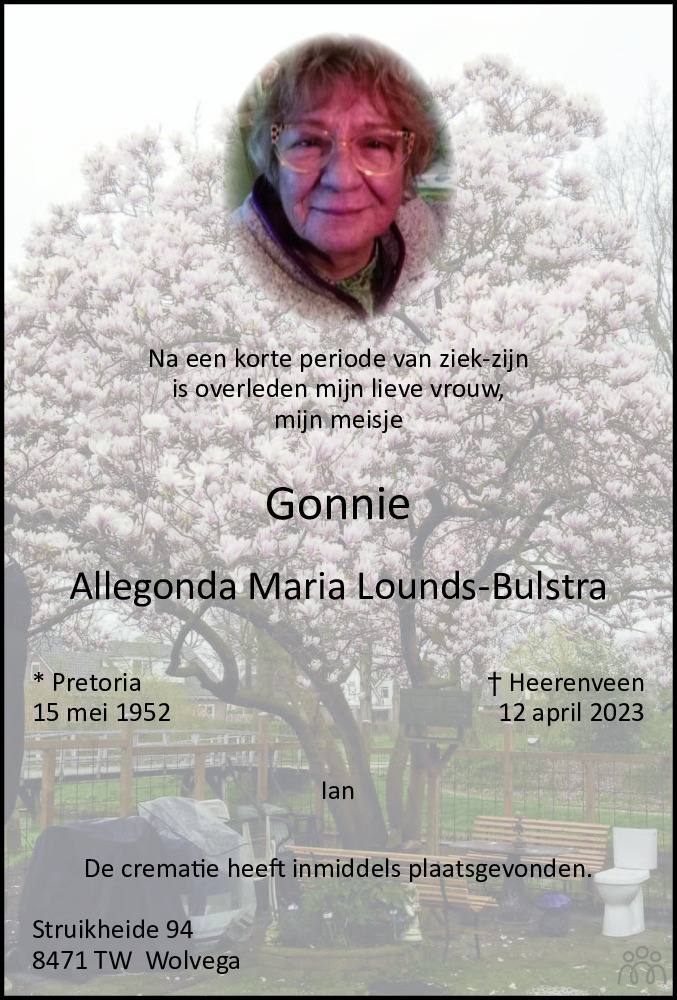 Allegonda Maria (Gonnie) LoundsBulstra 12042023 overlijdensbericht en condoleances
