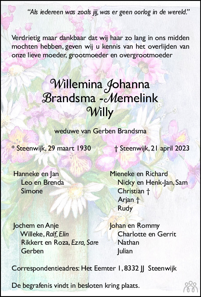 Willemina Johanna (Willy) BrandsmaMemelink 21042023