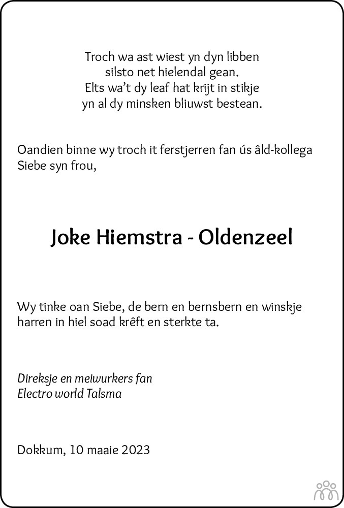 Johanna (Joke) Hiemstra-Oldenzeel 08-05-2023 Overlijdensbericht En ...