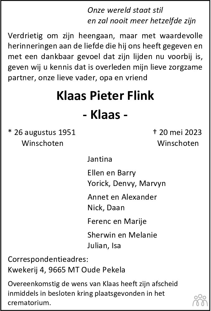 Klaas Pieter Klaas Flink Overlijdensbericht En