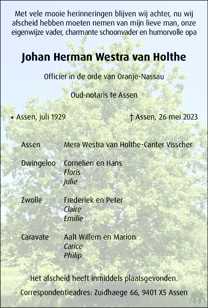 Johan Herman Westra Van Holthe 26 05 2023 Overlijdensbericht En Condoleances Mensenlinq Nl