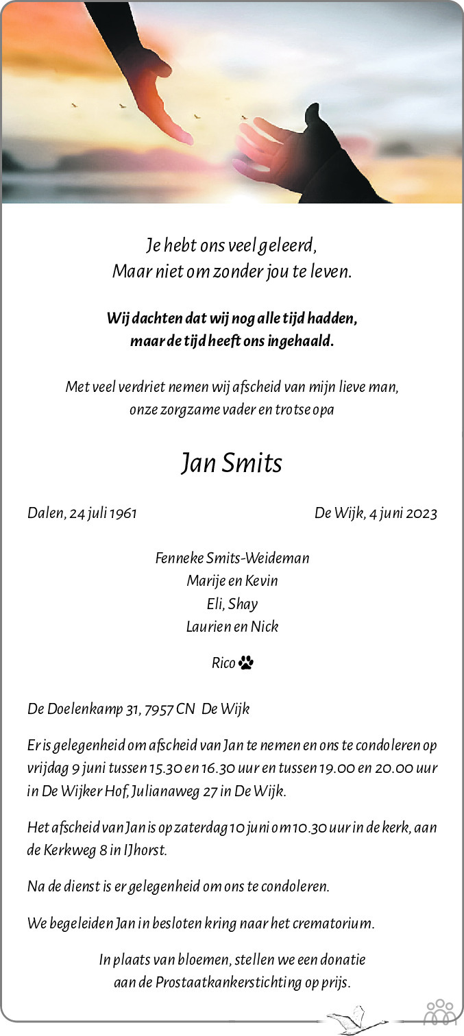 Jan Smits 04 06 2023 Overlijdensbericht En Condoleances Mensenlinq Nl