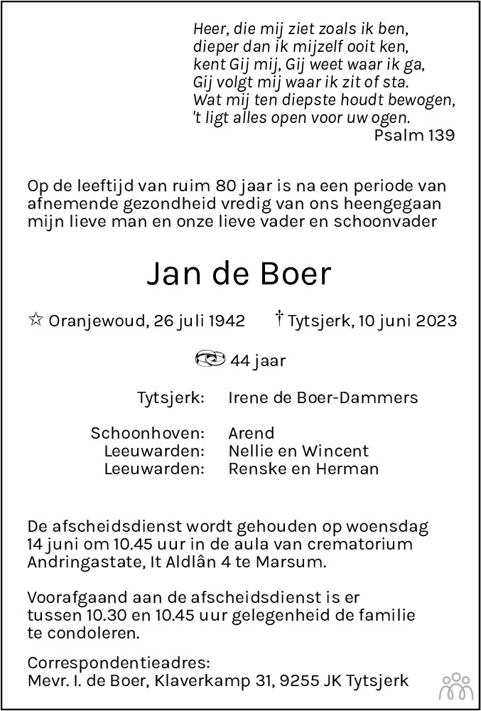 Jan de Boer 10-06-2023 overlijdensbericht en condoleances - Mensenlinq.nl