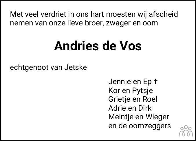 Andries de Vos 09-06-2023 overlijdensbericht en condoleances ...