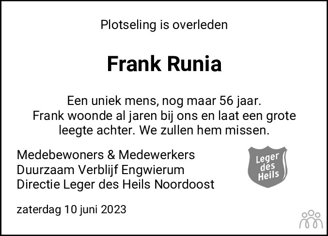 Frank Runia 10062023 overlijdensbericht en condoleances Mensenlinq.nl