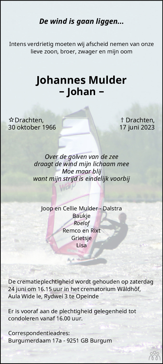 Johannes (Johan) Mulder 17062023 overlijdensbericht en condoleances