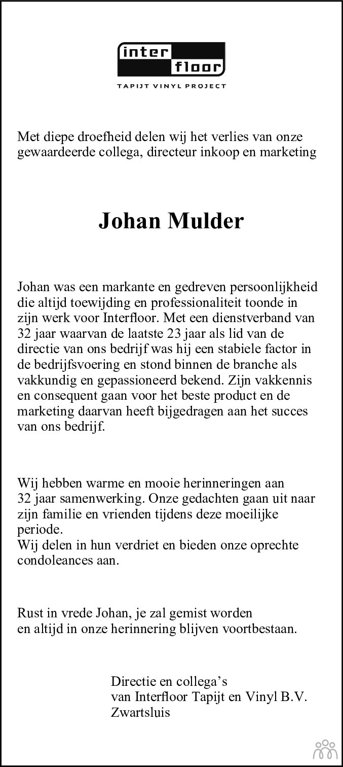 Johannes (Johan) Mulder 17062023 overlijdensbericht en condoleances