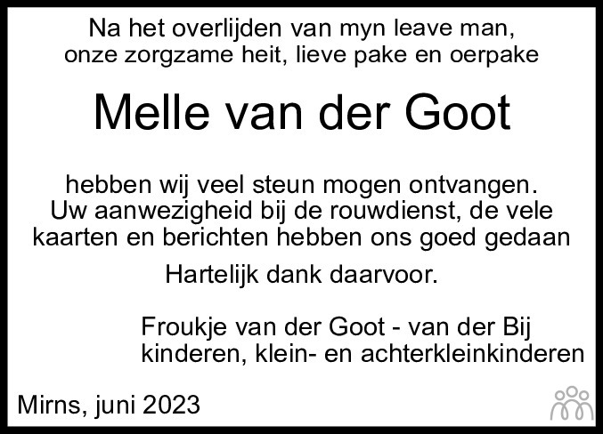 Melle Van Der Goot Overlijdensbericht En Condoleances Mensenlinq Nl