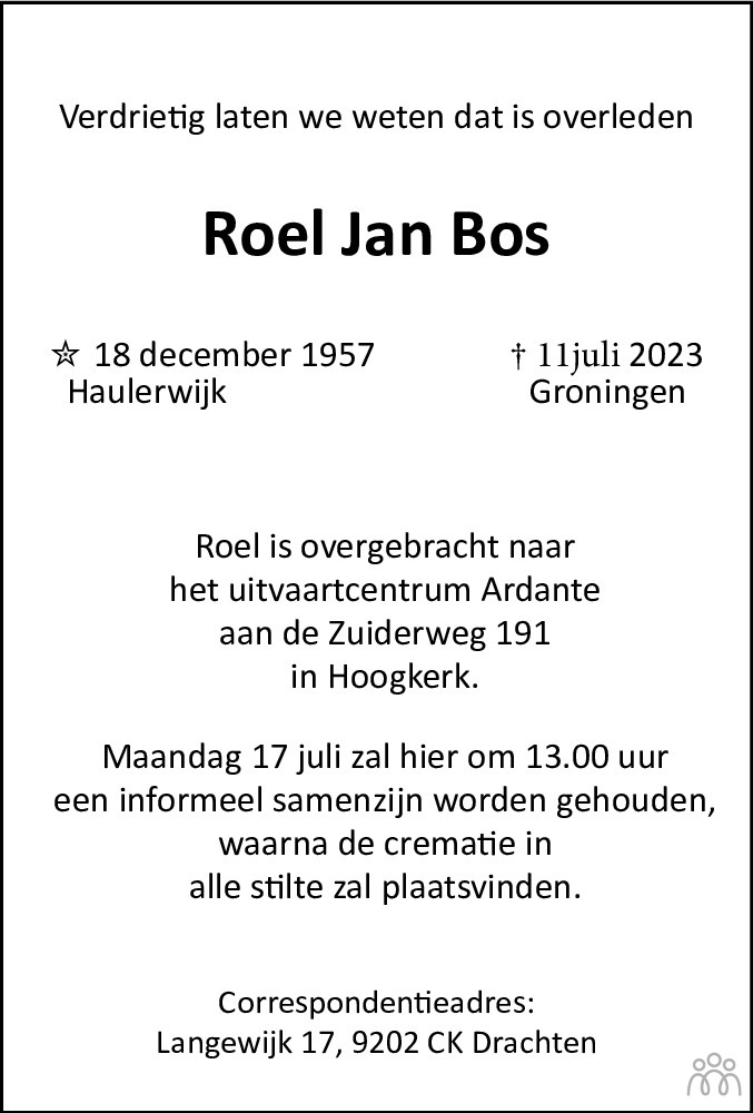 Roel Jan Bos Overlijdensbericht En Condoleances Mensenlinq Nl