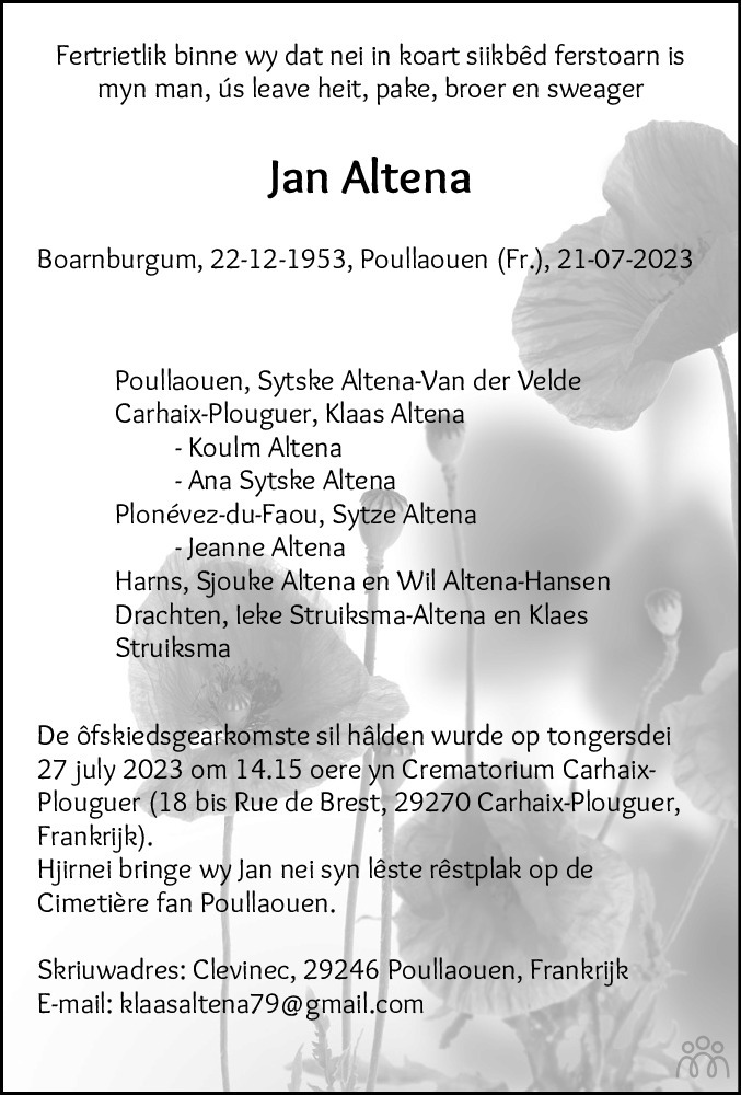 Jan Altena Overlijdensbericht En Condoleances Mensenlinq Nl