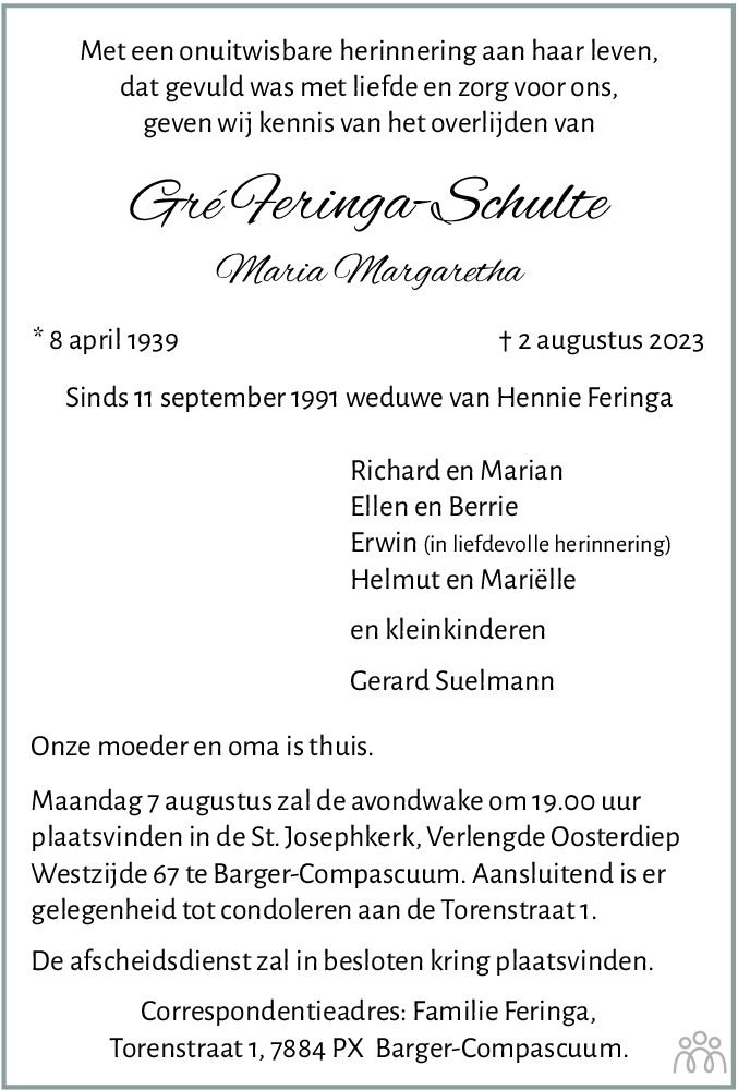 Gré (Maria Margaretha) Feringa-Schulte 02-08-2023 Overlijdensbericht En ...