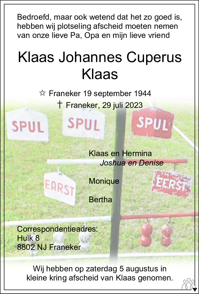 Klaas Johannes Klaas Cuperus 29 07 2023 Overlijdensbericht En