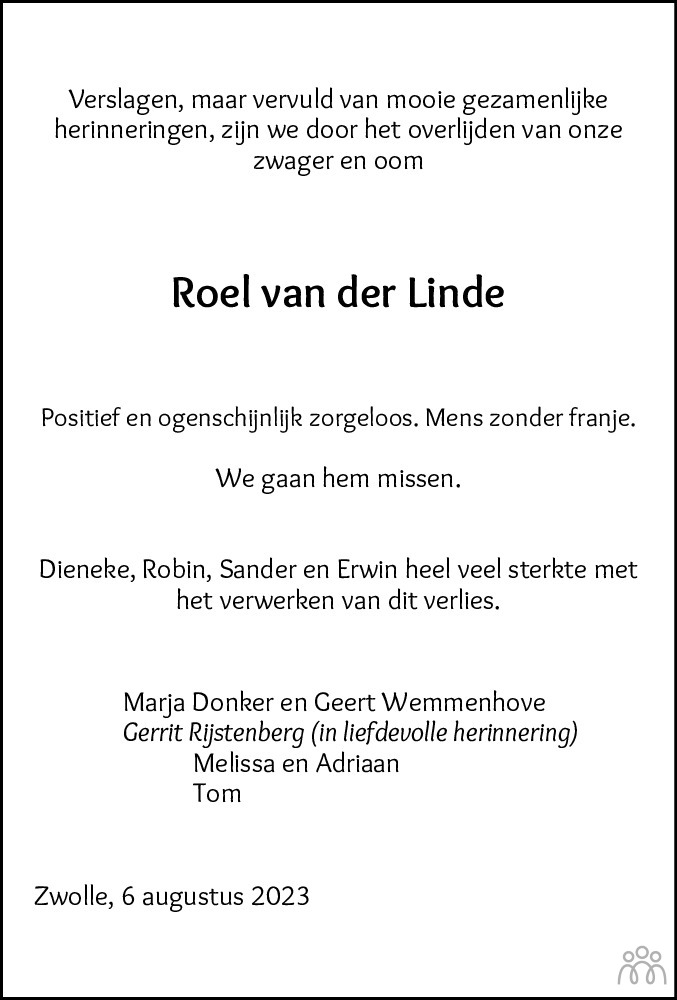 Roel Roelof Van Der Linde Overlijdensbericht En