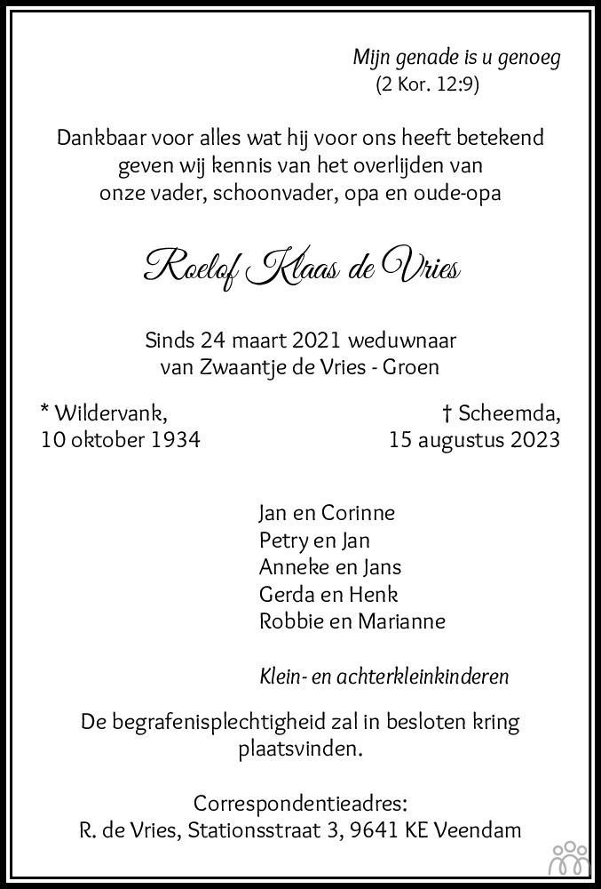 Roelof Klaas de Vries 15-08-2023 overlijdensbericht en condoleances ...
