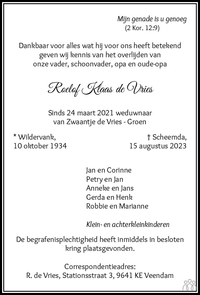 Klaas De Vries Dominee Roelof Klaas de Vries 15-08-2023 overlijdensbericht en condoleances