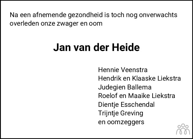Jan van der Heide 23-08-2023 overlijdensbericht en condoleances