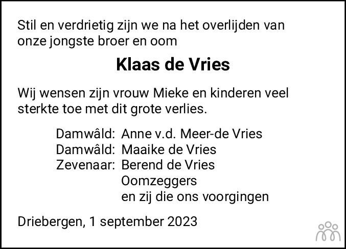 Klaas de Vries 01-09-2023 overlijdensbericht en condoleances ...