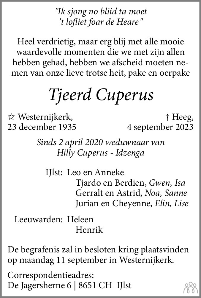 Tjeerd Cuperus 04 09 2023 Overlijdensbericht En Condoleances