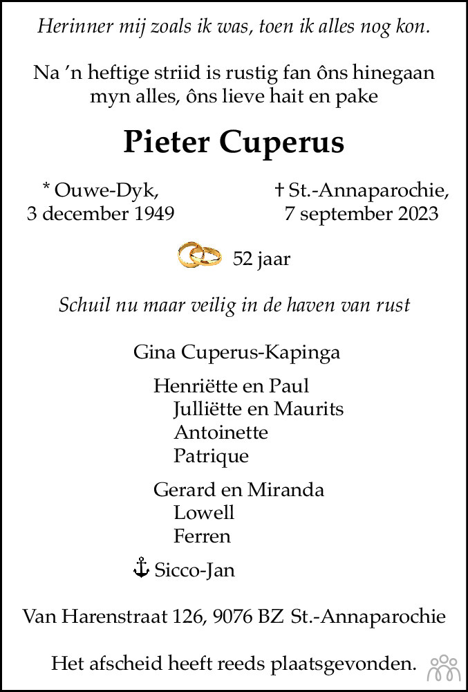 Pieter Cuperus 07 09 2023 Overlijdensbericht En Condoleances