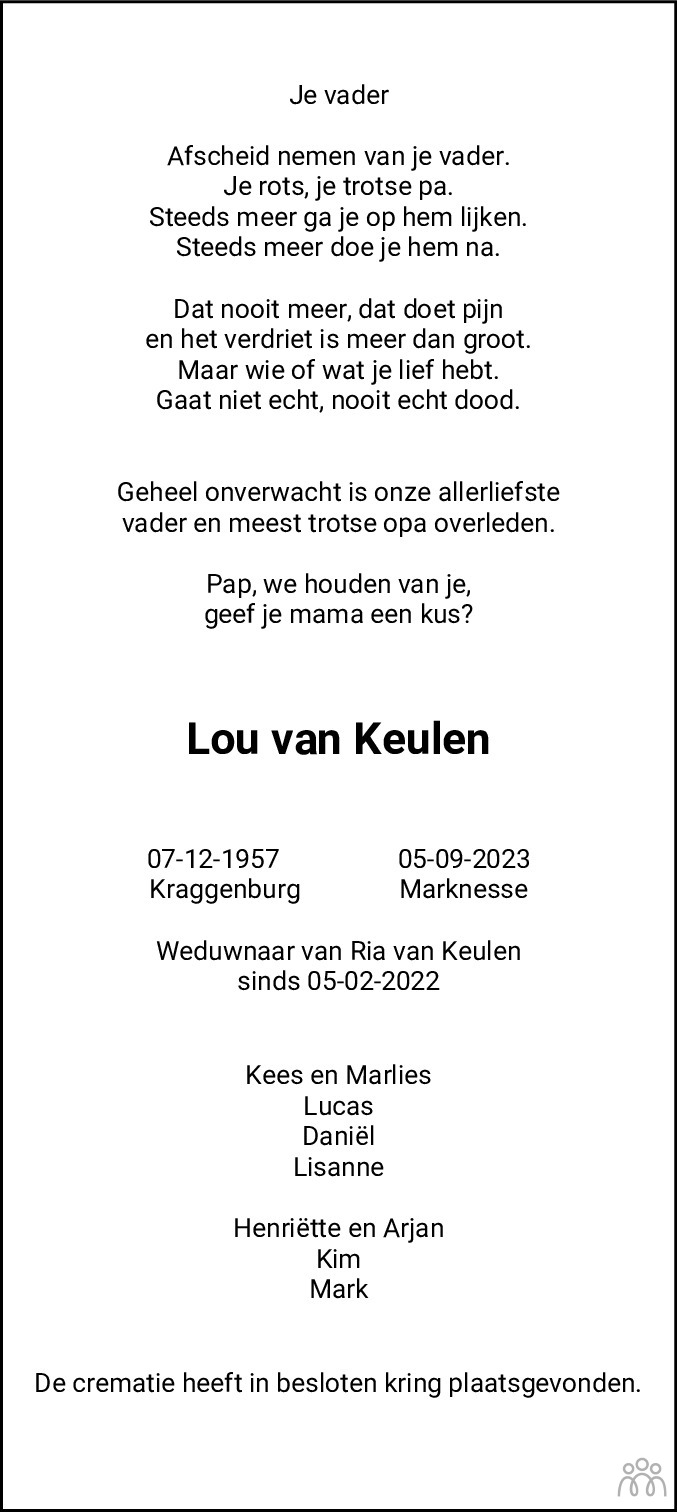 Lou Van Keulen 05 09 2023 Overlijdensbericht En Condoleances