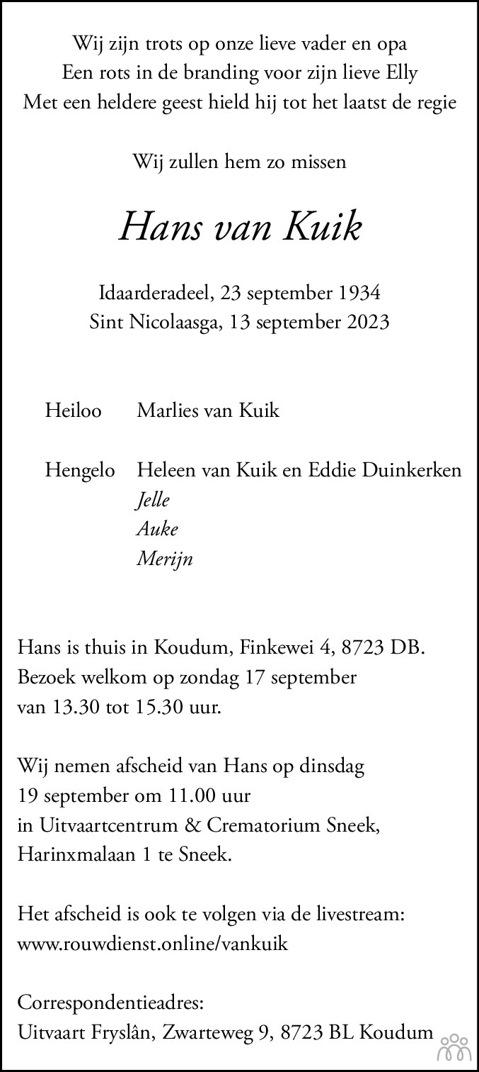 Hans van Kuik 13092023 overlijdensbericht en condoleances Mensenlinq.nl
