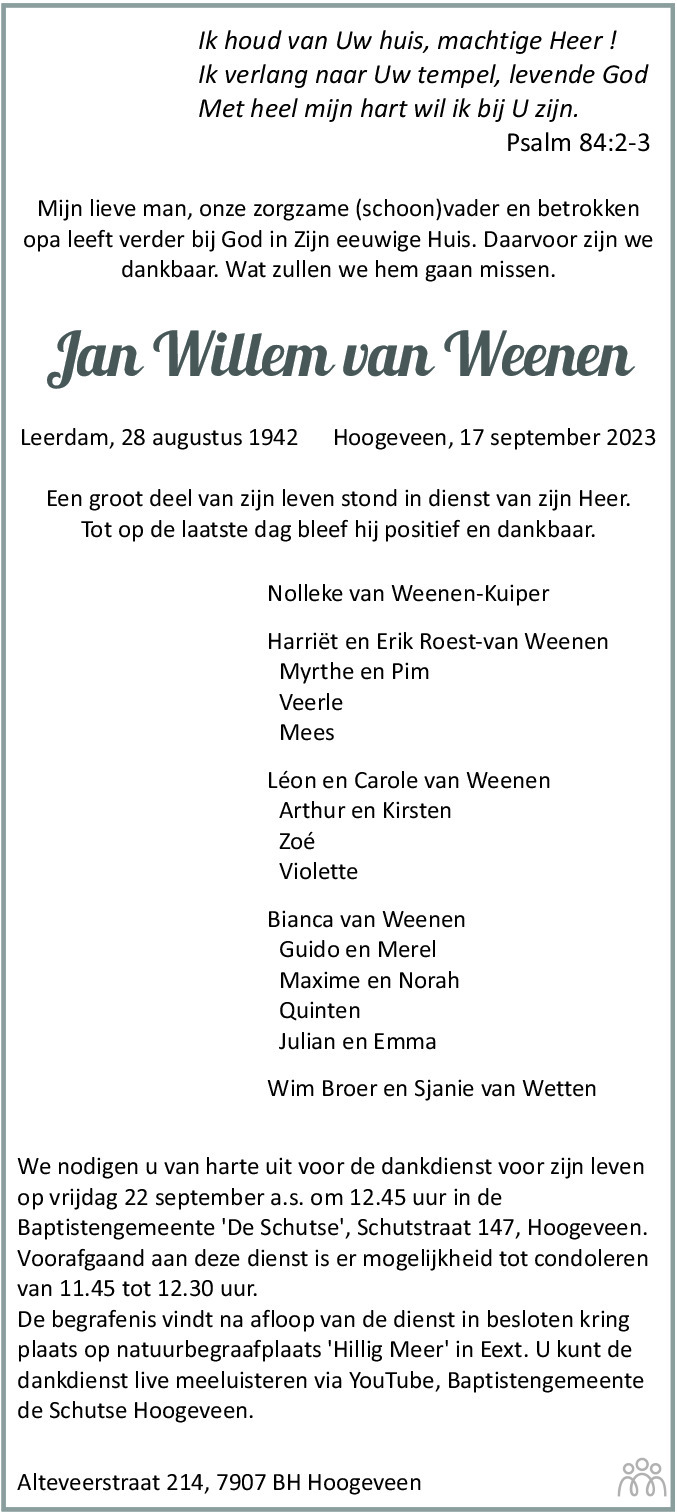 Jan Willem van Weenen 17-09-2023 overlijdensbericht en condoleances ...