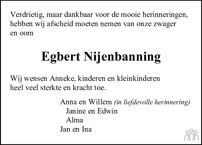 Overlijdensbericht van Egbert  Nijenbanning in Dagblad van het Noorden