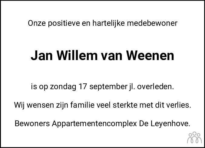 Jan Willem van Weenen 17-09-2023 overlijdensbericht en condoleances ...