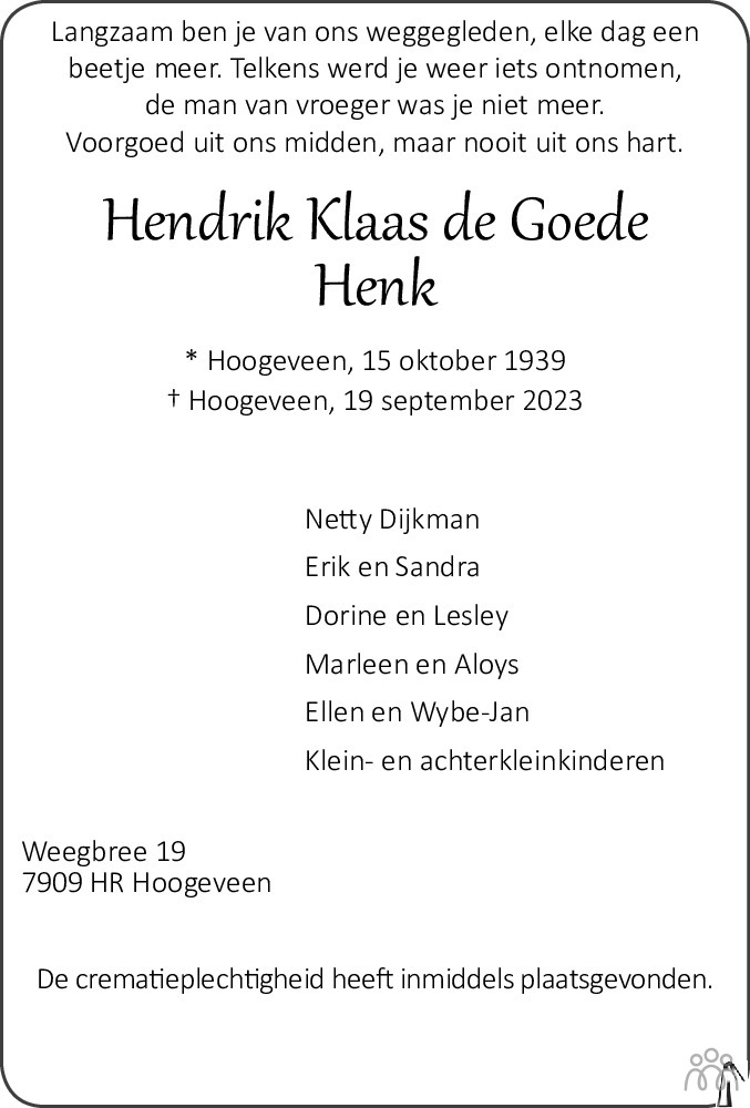 Hendrik Klaas (Henk) de Goede 19-09-2023 overlijdensbericht en ...