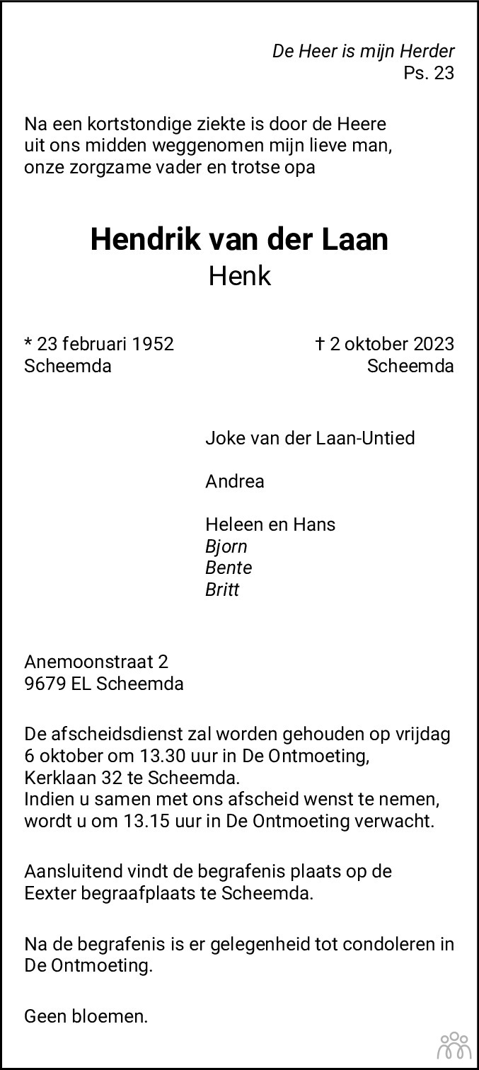 Hendrik Henk Van Der Laan 02 10 2023 Overlijdensbericht En