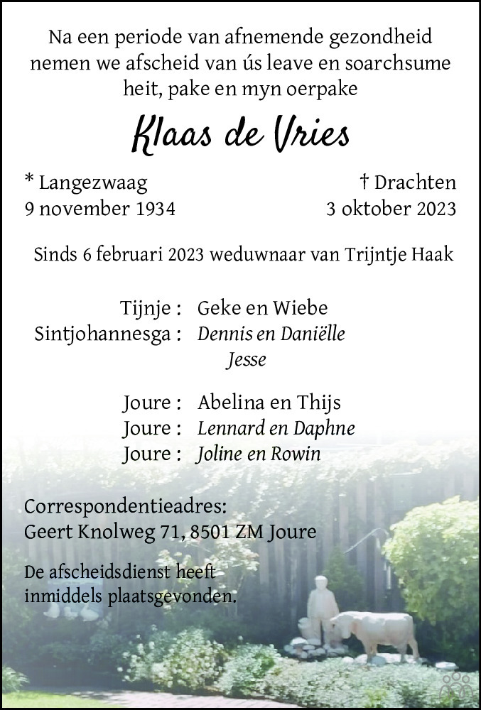 Klaas de Vries 03-10-2023 overlijdensbericht en condoleances ...